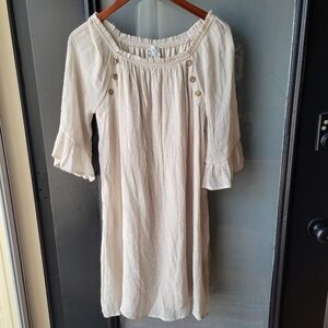 Naif Size M Casual Dress Ruffled 3/4 Sleeve Ivory, Midi-Calf Length Buttons Boho